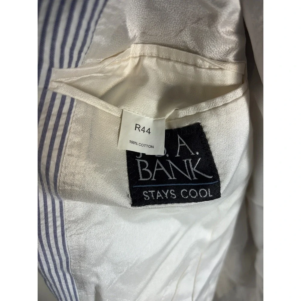 Jos. A. Bank Stays Cool Mens 44R Seersucker Blazer Blue White Striped Cotton 3-B